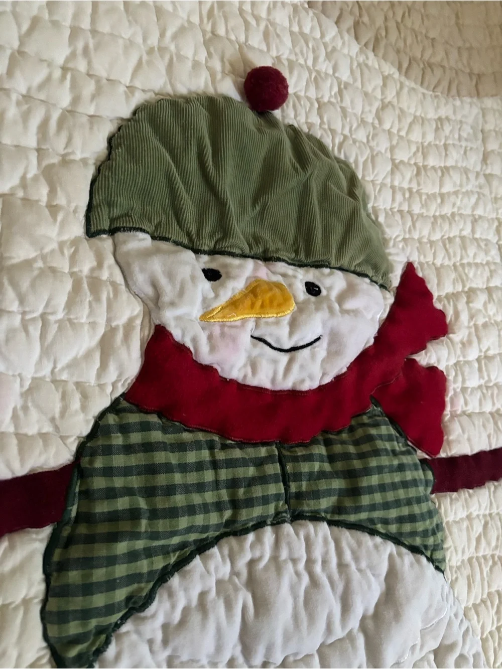 Vintage Snowman Quilt Throw in White, Green & Burgundy